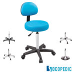 Tabouret sur roulettes avec dossier de couleur bleu pour kiné de marque Socopedic